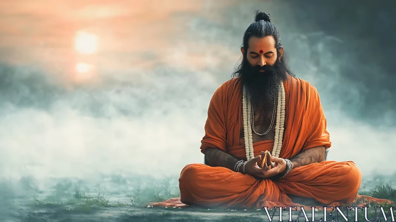 Meditating sage in orange robes under misty sunrise sky.