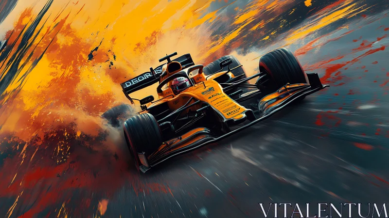 Roaring orange race car surges forward through blazing color