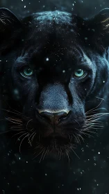 Black Panther Frontal Portrait with Cyan Luminescent Eyes and Particle Effects