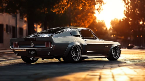 Photorealistic sunset muscle car render with low-angle framing.
