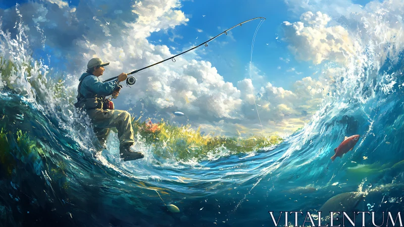 Lone angler rides crashing ocean wave in bright sunlight.