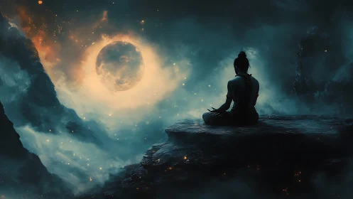 Solitary meditative figure under glowing celestial moon.