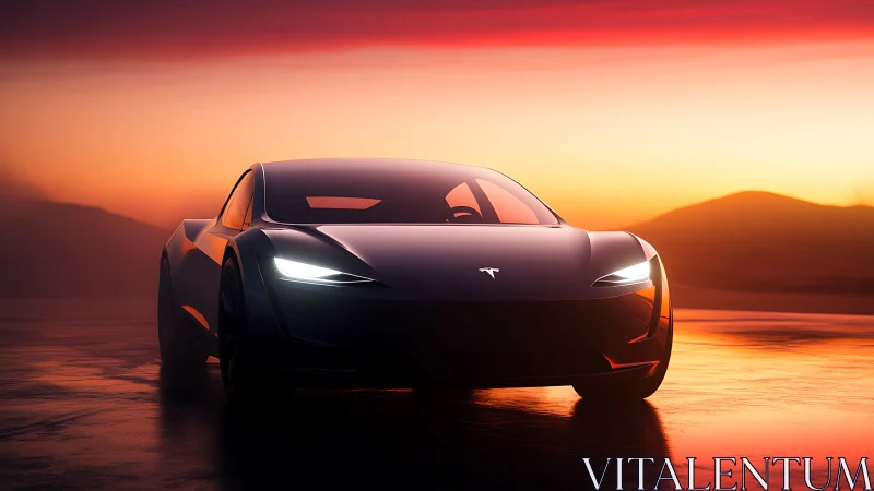 Low-slung electric coupe under chromatic gradient sunset sky.