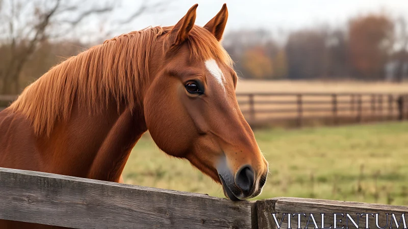 Chestnut horse profile with star blaze marking at pasture fence