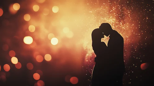 Silhouetted couple kissing against golden bokeh light background