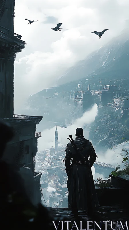 Wanderer above the mist, gazing toward a hidden mountain city.