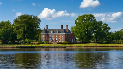 Historic Waterfront Mansion Framed by Ancient Trees.
