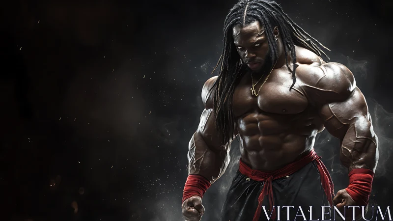 Hyperreal muscular fighter under dramatic low key rim lighting.