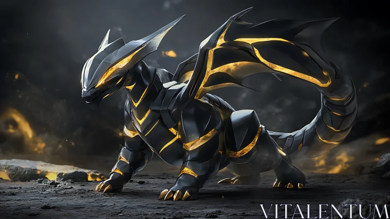 Metallic black and gold dragon on volcanic rocky ground.