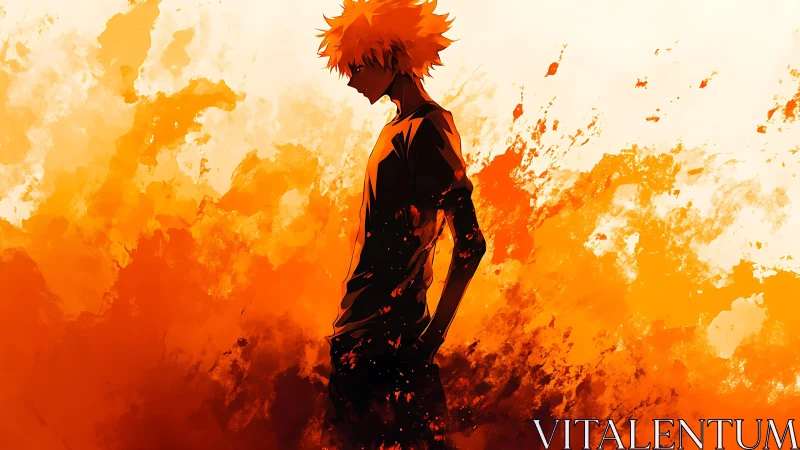Fiery anime silhouette walking through a storm of bright color.