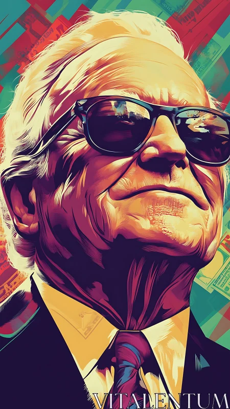 Elderly man in sunglasses rendered with bold graphic colors