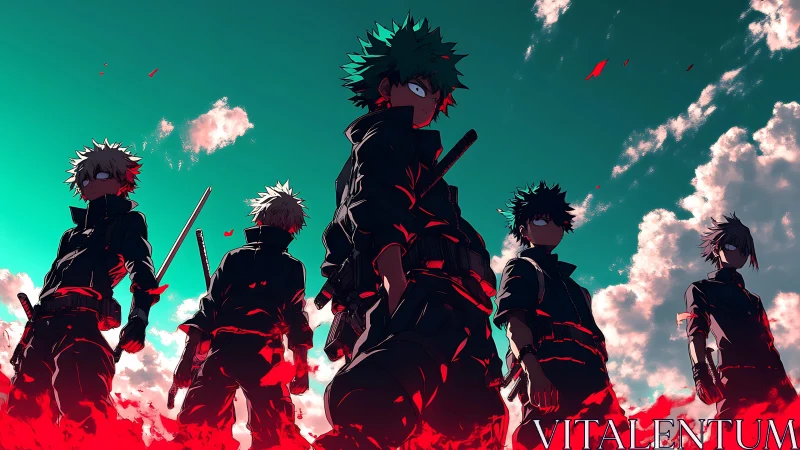 Determined anime heroes standing strong in a glowing sky scene.