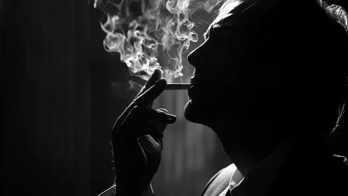 Quiet silhouette exhaling swirling cigarette smoke in shadow.