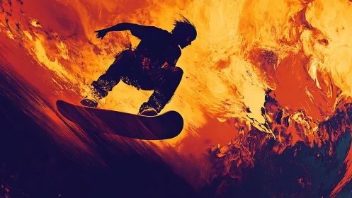 Dynamic snowboard silhouette against molten firestorm gradient