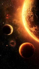 Stellar field with illuminated planets and orange nebula glow.