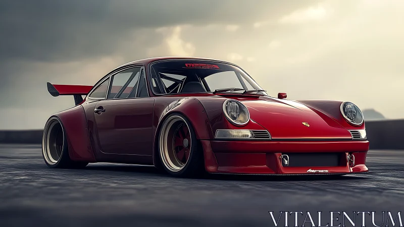 Red widebody sports coupe on overcast outdoor roadway.