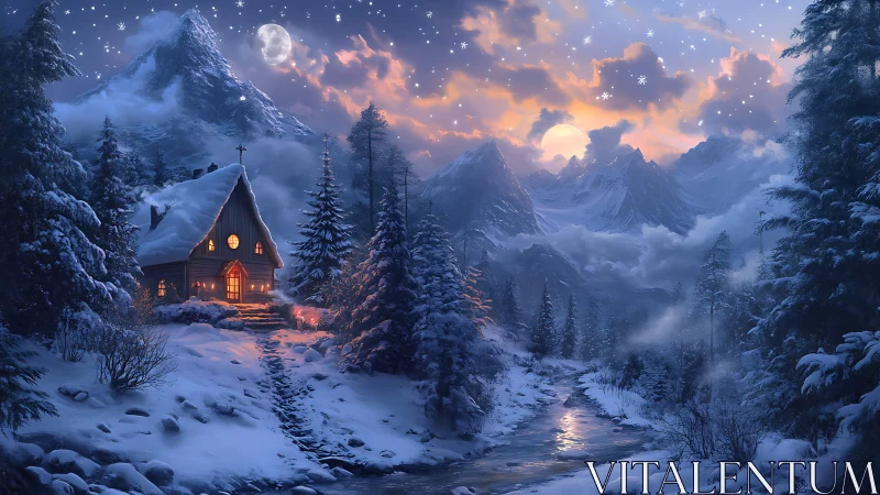 Luminous alpine cabin amid moonlit, snow-loaded conifer valley.