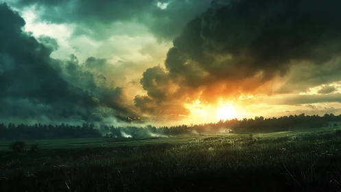 Digital landscape sunset with dramatic storm cloud formations.