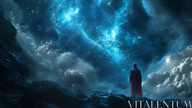 Lone figure in cape observes luminous galactic sky