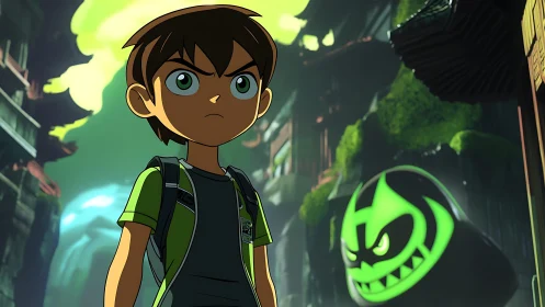 Determined boy hero stands ready in a glowing neon city