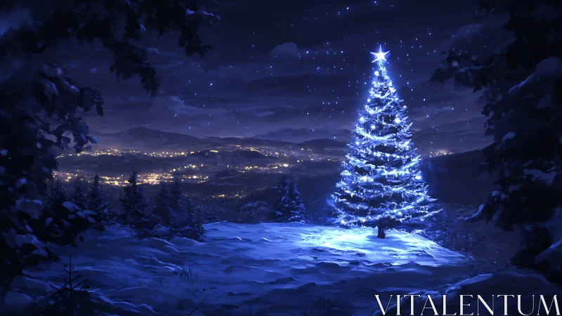 Starlit winter pine crowned in electric blue hush and wonder.