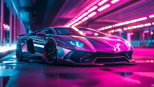 Neon-lit low-angle hypercar portrait in reflective tunnel environment