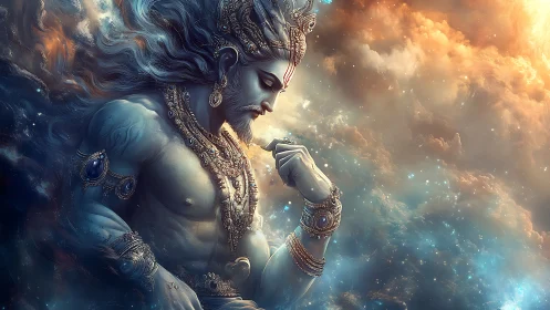 Mythic blue-skinned deity figure in ornate jewelry profile.