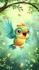 Joyful forest bird soaring through soft green morning light.