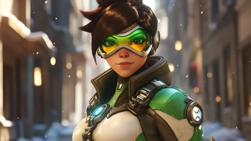 3D hero portrait in snowy urban alley with dynamic focus.