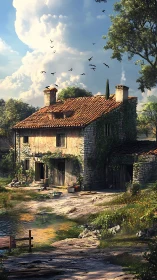 Stone rural house beside pond under tall summer trees.