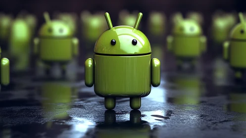 Green android robot figure on reflective surface in focus.