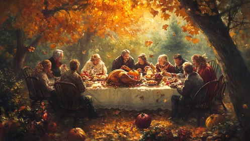Autumn family feast under glowing maple canopy at dusk.