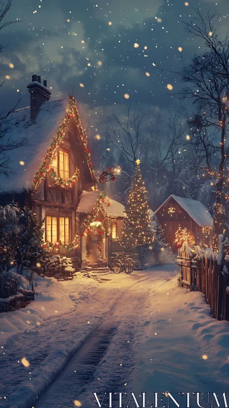 Snow-covered cottage displays illumination and seasonal decor