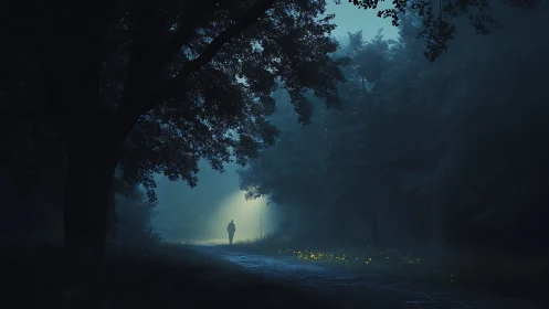 Midnight wanderer drifts toward a fog-lit forest doorway