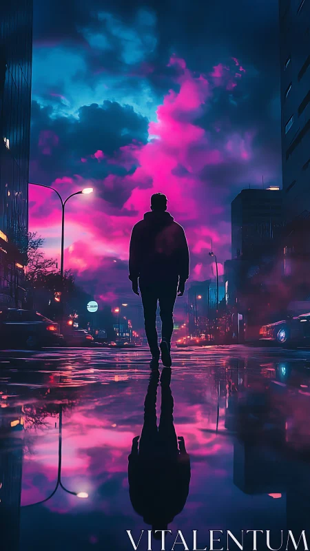 Silhouette on wet city street under neon magenta blue sky.