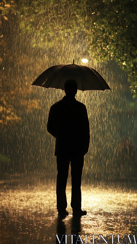 Silhouette of person with umbrella standing in night rain.