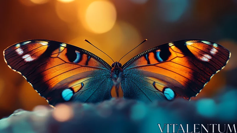 Glowing butterfly resting softly in golden evening light.