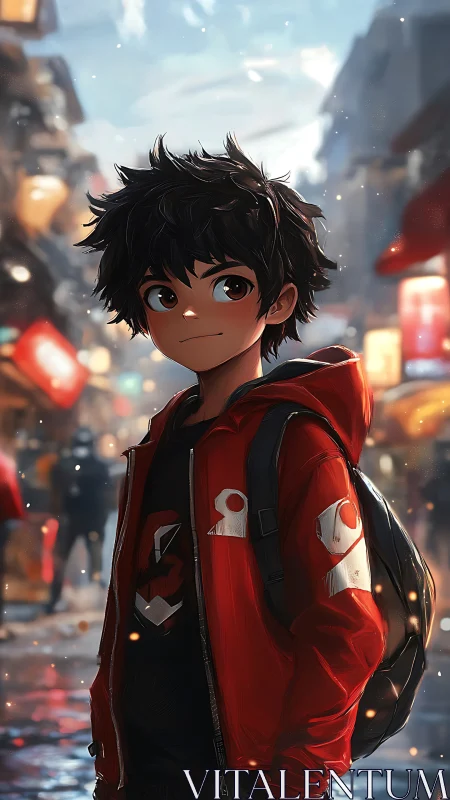 Youthful anime boy in red jacket amid shallow-depth street bokeh