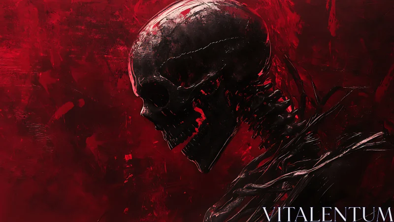 Skeletal alien profile emerges from crimson abstract void