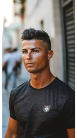 Confident young man walks through sunlit city street calmly