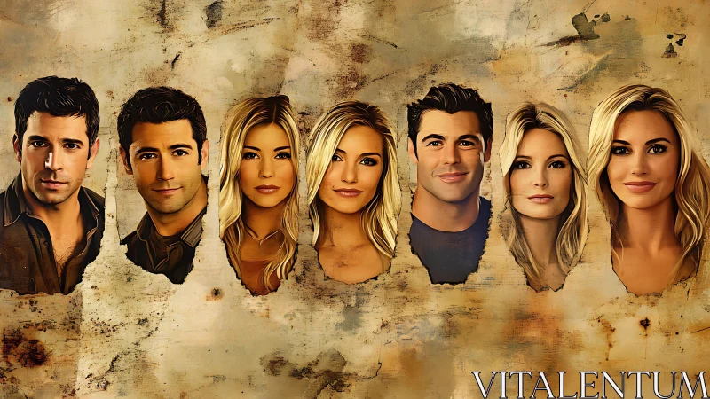 Stylized male and female portraits aligned on vintage wall surface