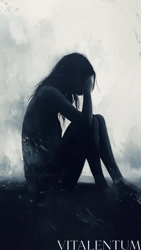 Shadow-silenced figure curled in stormwashed solitude.