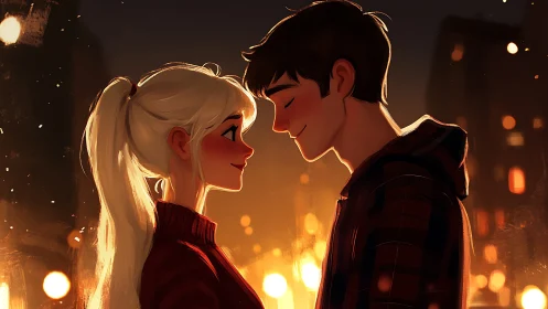 Intimate Urban Encounter: Luminescent Couple in Warm Cityscape.