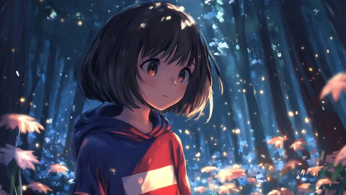 Forest-lit anime girl in glowing bokeh and pastel flowers.