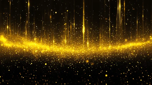 Golden particle wave over black background with light trails.