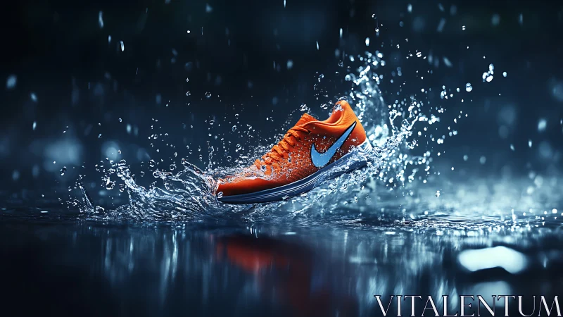 Bright orange running shoe dancing through rain splash.