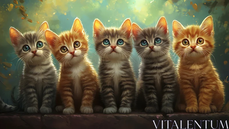 Five digitally painted kittens with backlit ears displayed in frontal composition.