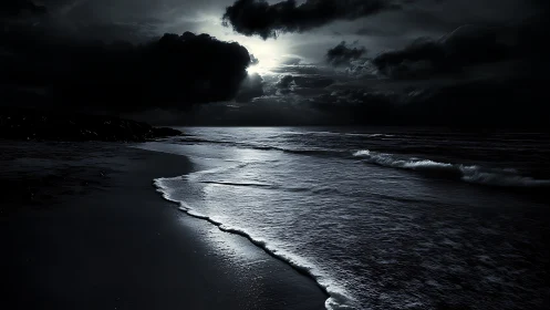 Moonlit storm clouds sweep over a dark, reflective shore.