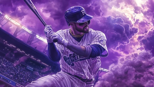 Powerful baseball batter poised under dramatic purple sky.