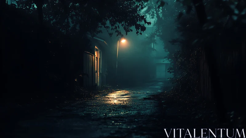 Rain-slicked alleyway under a lone sodium streetlamp at night